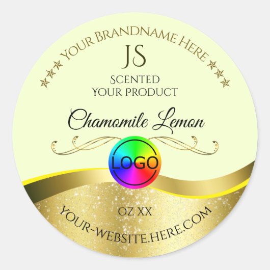 Lichtgeel Wavy Gold Logo Monogram Productlabel Ronde Sticker (Voorkant)