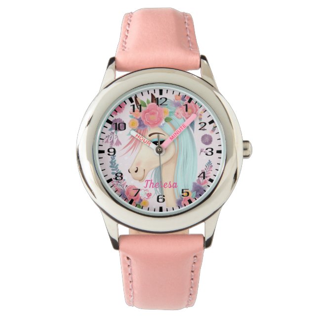 Lichtgekleurde Blauwgroen Haar Eenhoorn met Bloeme Horloge (Voorkant)