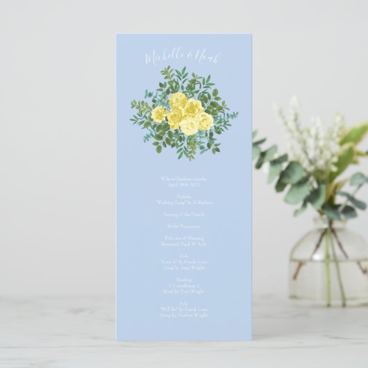 Lichtgele Bleke blauwe Roos bruiloft programma's (Staand voorkant)