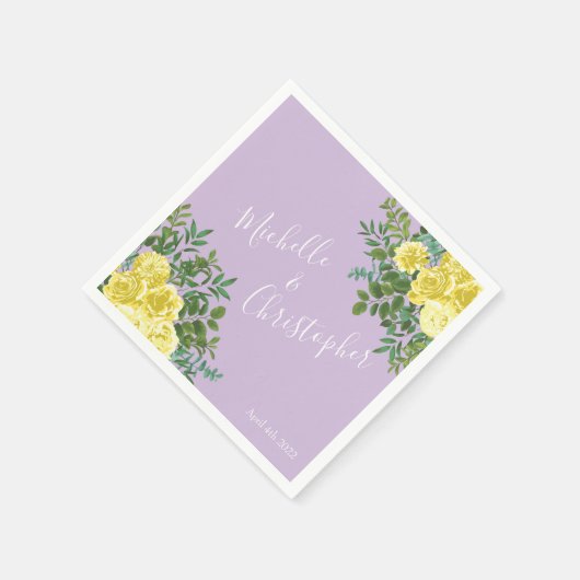 Lichtgele en lila-paarse roos bloemige bruiloft servet (Hoek)