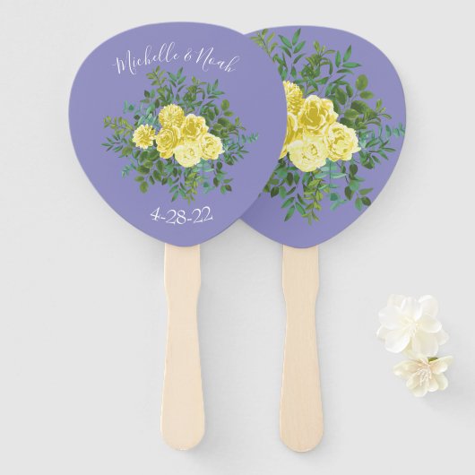 Lichtgele en periwinkle Blauw Roos Floral Weddensc Handwaaier (Voorkant en achterkant)