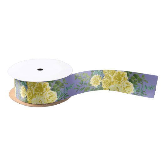 Lichtgele en periwinkle Blauw Roos Floral Weddensc Satijnen Lint (Spoel)