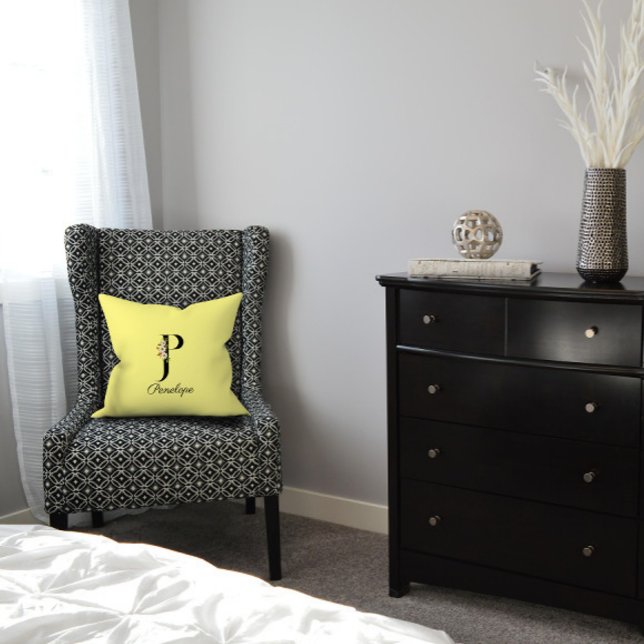 Lichtgele hibiscus monogram Sierkussen (Creator heeft geüpload)