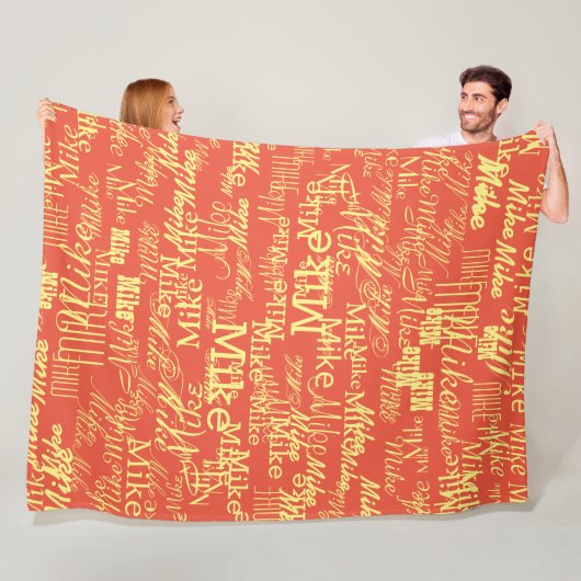 Lichtgele Naam Gestempeld allover Sinaasappel-Rood Fleece Deken (In situ)
