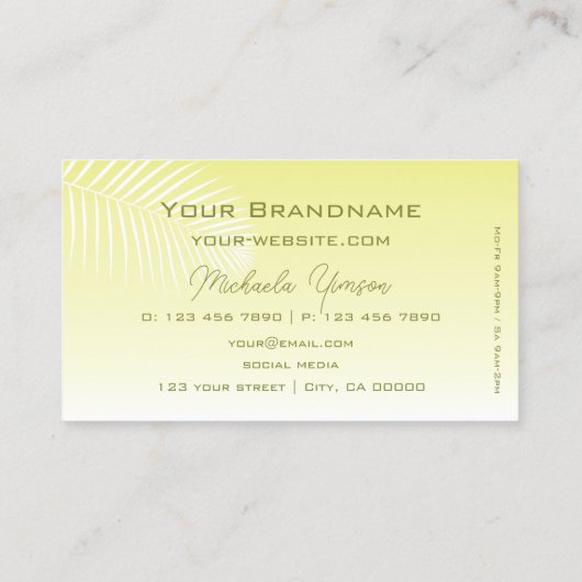 Lichtgele verlooppalmpellefmonogram visitekaartje (Achterkant)