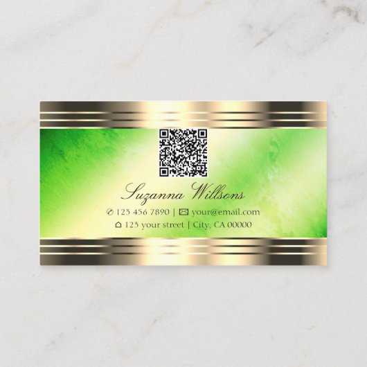 Lichtgevend Groen Marmer Goud Grenzen met QR-code Visitekaartje (Achterkant)