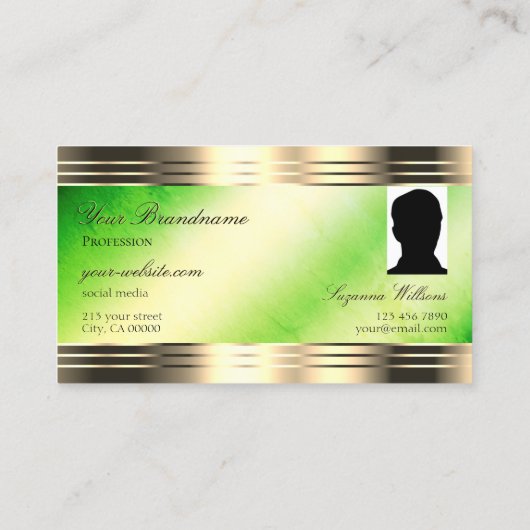 Lichtgevend groen marmer gouden rand monogram foto visitekaartje (Achterkant)