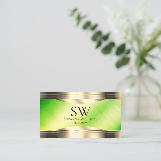 Lichtgevend groen marmer gouden rand monogram foto visitekaartje (Staand voorkant)