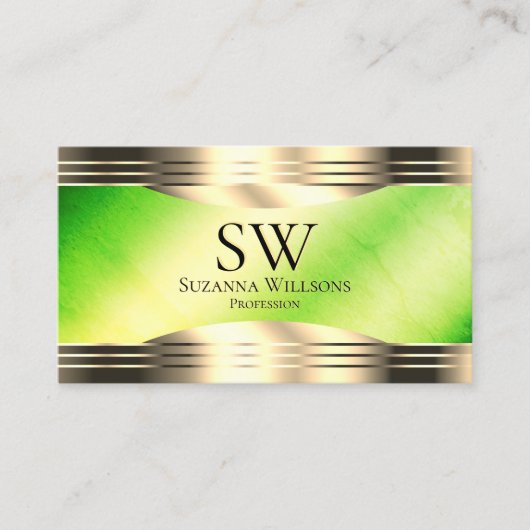 Lichtgevend groen marmer gouden rand monogram foto visitekaartje (Voorkant)