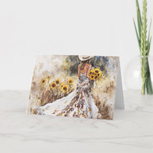 Lichtgevend in jurk, laarzen en zonnebloemen kaart
