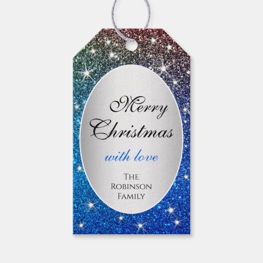 Lichtgevende Blauwe Gradiënt Glitter Sparkle Stars Cadeaulabel (Voorkant)
