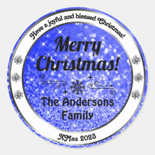 Lichtgevende Blauwe Sparkle Glitter Kerstmisetiket Ronde Sticker