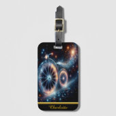 Lichtgevende fiets is afgebeeld tegen een donkere bagagelabel (Voorkant (verticaal))