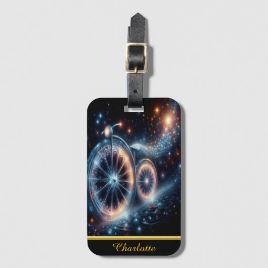 Lichtgevende fiets is afgebeeld tegen een donkere bagagelabel (Voorkant (verticaal))