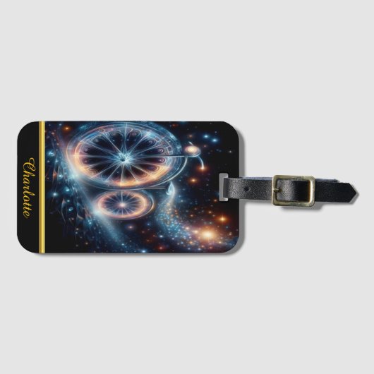 Lichtgevende fiets is afgebeeld tegen een donkere bagagelabel (Voorkant (horizontaal))