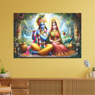 Lichtgevende Goden Kunst: Krishna Radha, Goddelijk Canvas Afdruk