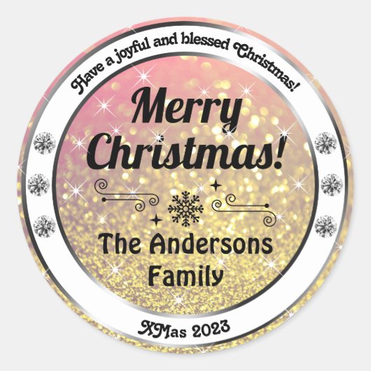 Lichtgevende Gouden Sparkle Glitter Kerstmisetiket Ronde Sticker (Voorkant)