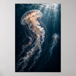 Lichtgevende kwal die door diepe blauwe oceaan dri poster