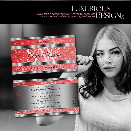 Lichtgevende Ruby Red Glitter Stars Initialen Zilv Visitekaartje