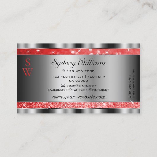 Lichtgevende Ruby Red Glitter Stars Initialen Zilv Visitekaartje (Achterkant)
