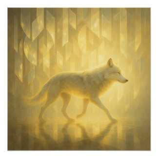 Lichtgevende Witte Wolf in het Gouden Licht Rijk – Perfect Poster