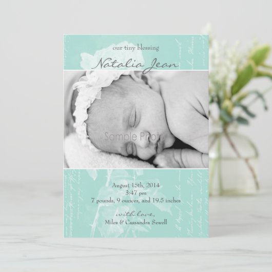 Lichtgloeiende geboorteaankondiging//Light Emerald Aankondiging (Staand voorkant)