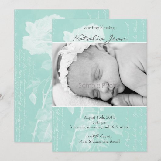 Lichtgloeiende geboorteaankondiging//Light Emerald Aankondiging (Voorkant / Achterkant)