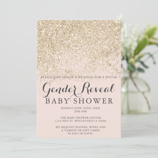 Lichtgoud glitter blush roze gender reveal baby kaart (Staand voorkant)