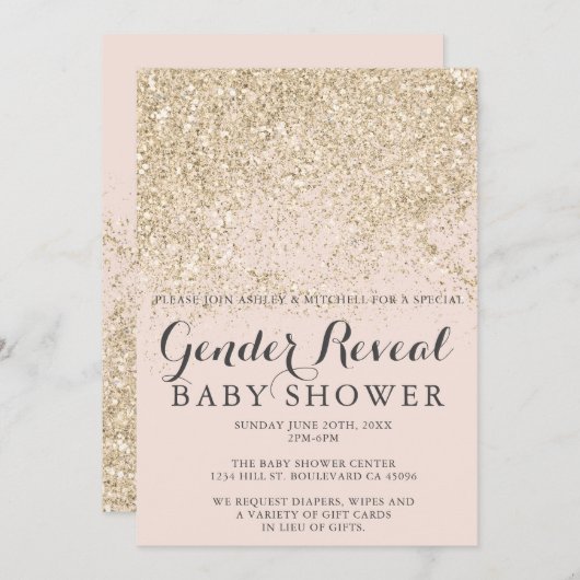 Lichtgoud glitter blush roze gender reveal baby kaart (Voorkant / Achterkant)