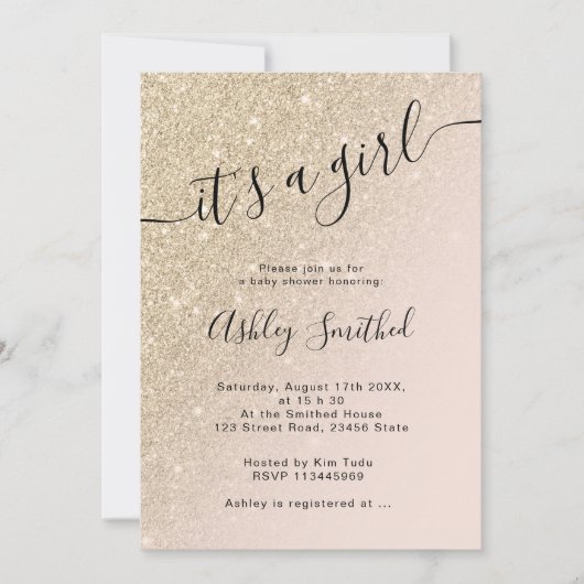 lichtgouden glitter roze ombre block baby shower kaart (Voorkant)