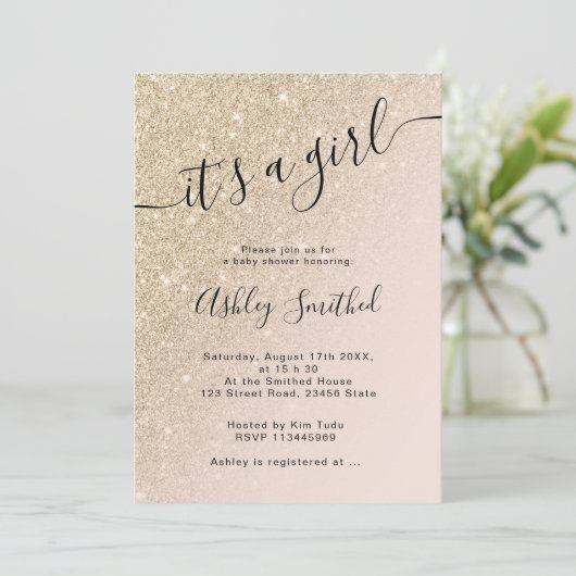 lichtgouden glitter roze ombre block baby shower kaart (Staand voorkant)