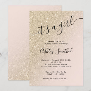 lichtgouden glitter roze ombre block baby shower kaart
