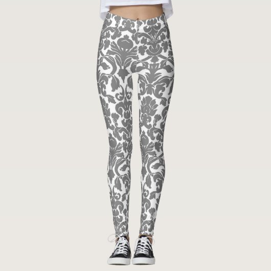 Lichtgrijs Bloemen  Damaskpatroon Leggings (Voorkant)