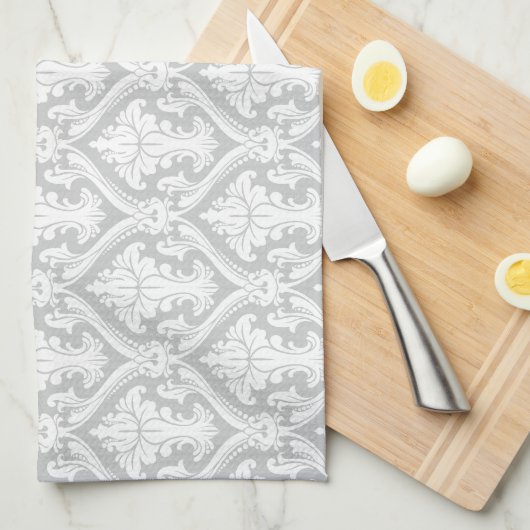 Lichtgrijs en wit  damastpatroon theedoek (Quarter Fold)