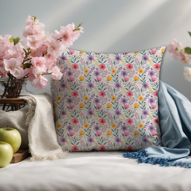 Lichtgrijs enkelvoudig wildflower patroon monogram kussen (Creator heeft geüpload)