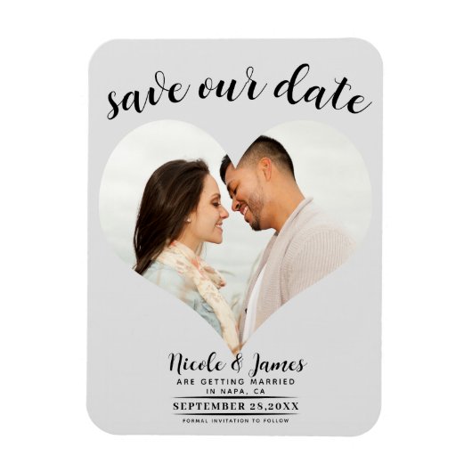 Lichtgrijs Hart Foto Huwelijk Save the Date Magneet (Verticaal)