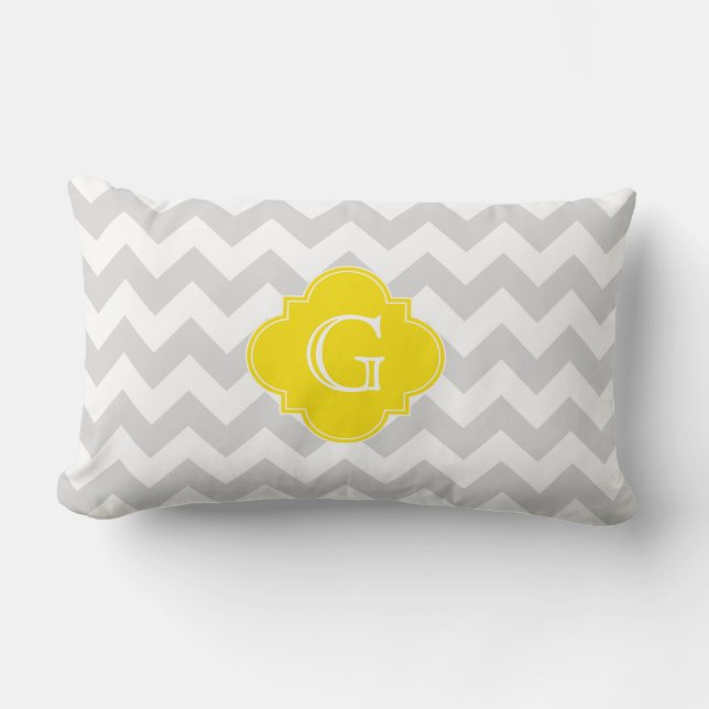 Lichtgrijs Wht Chevron Geel Quatrefoil Monogram Kussen (Voorkant)