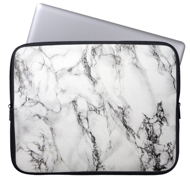 Lichtgrijs Wit Zwart Marmeren Steen Laptop Sleeve (Voorkant)