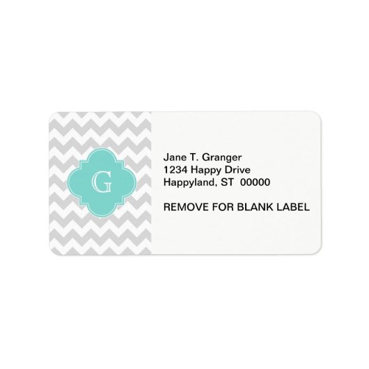 Lichtgrijs Witte Chevron Aqua Quatrefoil Monogram Etiket (Voorkant)