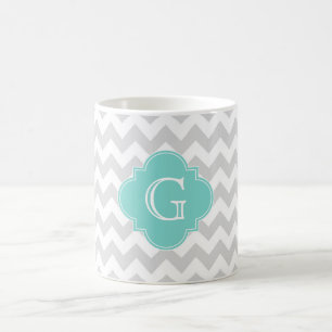 Lichtgrijs Witte Chevron Aqua Quatrefoil Monogram Koffiemok