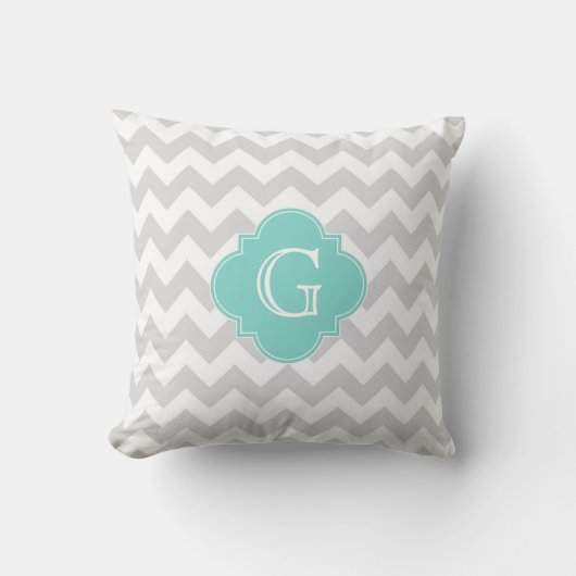 Lichtgrijs Witte Chevron Aqua Quatrefoil Monogram Kussen (Voorkant)