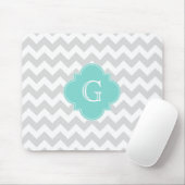 Lichtgrijs witte Chevron Aqua Quatrefoil Monogram Muismat (Met muis)