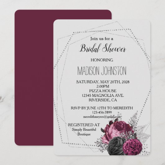 Lichtgrijs Zilver Bourgogne Bloemen Vrijgezellenfe Kaart (Voorkant / Achterkant)