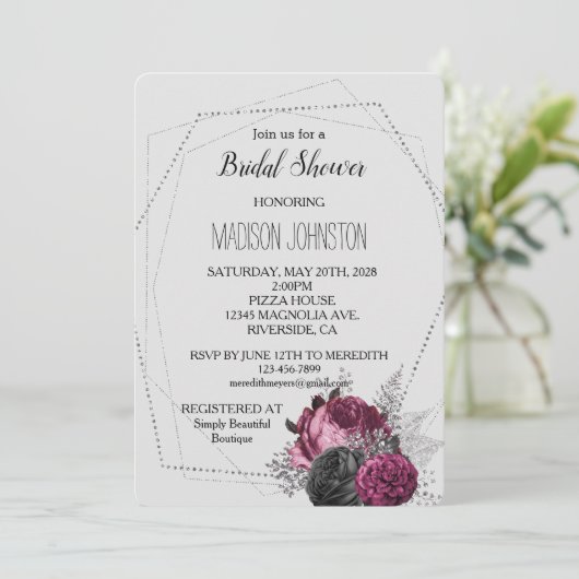 Lichtgrijs Zilver Bourgogne Bloemen Vrijgezellenfe Kaart (Staand voorkant)