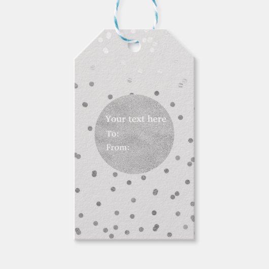Lichtgrijs & Zilver Glanzend Confetti Stippen Mode Cadeaulabel (Voorkant)