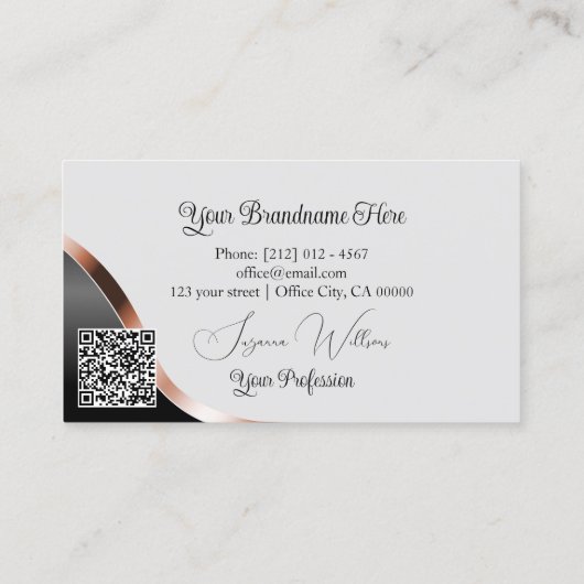 Lichtgrijs Zwart Wavy Roos Gouden Harten en QR-cod Visitekaartje (Achterkant)