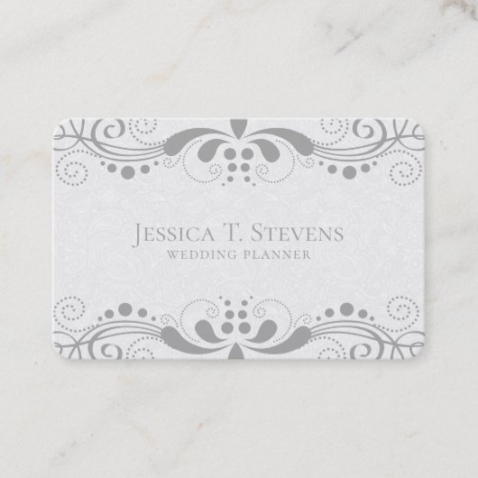 Lichtgrijze bloemenzwenkende kant visitekaartje (Voorkant)