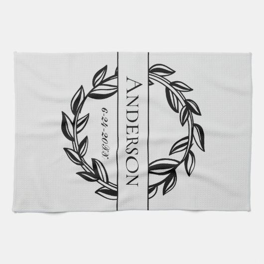 Lichtgrijze en zwarte lebbenfamilienaam trouwdatum theedoek (Horizontaal)