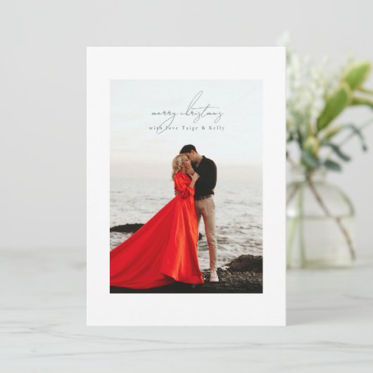 Lichtgrijze kalligrafie lijst foto Merry Christmas Feestdagenkaart (Staand voorkant)