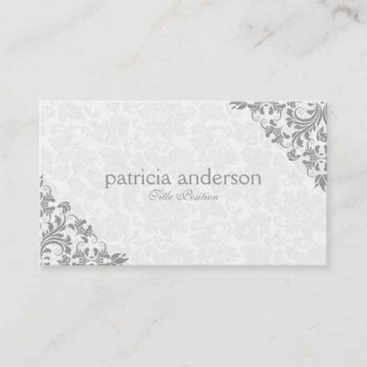Lichtgrijze kanten pluche witte damast visitekaartje (Voorkant)